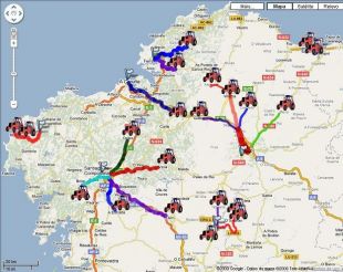 Velaquí o percorrido das distintas tractoradas (puntos de saída e concentracións) / Imaxe: SLG (clique para ampliar)