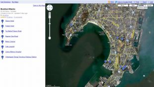 No Google Maps, sinalados os puntos que foron atacados en Mumbai (clique para ampliar)